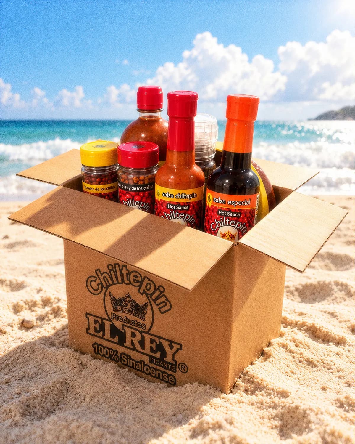 Caja Chiltepín El Rey con salsas, chiltepín molido y molinillo en la playa